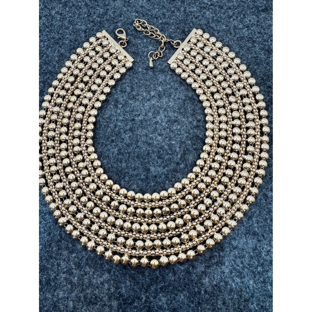 Vintage Gold Multi Strand Beaded Bib Necklace Adjustable Clasp